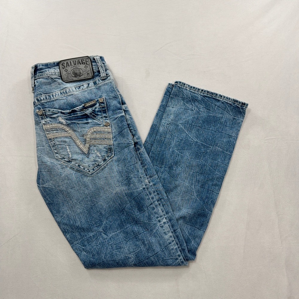 Salvage Jeans Mayhem Straight Distressed Heavy Wash Blue Denim Mens 32R
